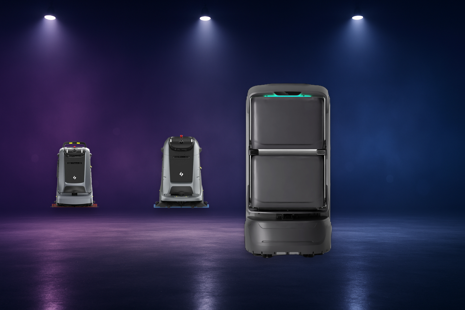 Portafolio de robots autónomos representados por Alabia: limpieza interna, limpieza externa y delivery